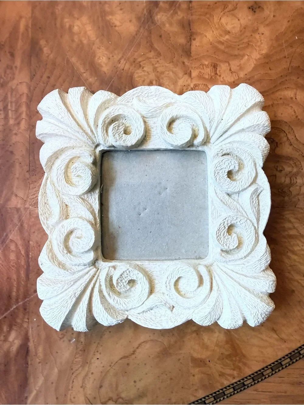 Ornate Ivory Scroll Picture Frame 3x3” approx Photo Opening Cottage Decor